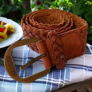 Y2K Hollister Braided Leather Belt XS S Womens Woven Brown Brass Buckle Bohemian